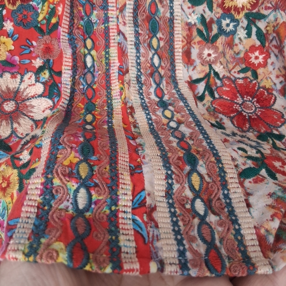Savanna Jane Mixed Print Floral Embroidered Blouse Ruffle Tie Neck Boho L - Picture 7 of 16